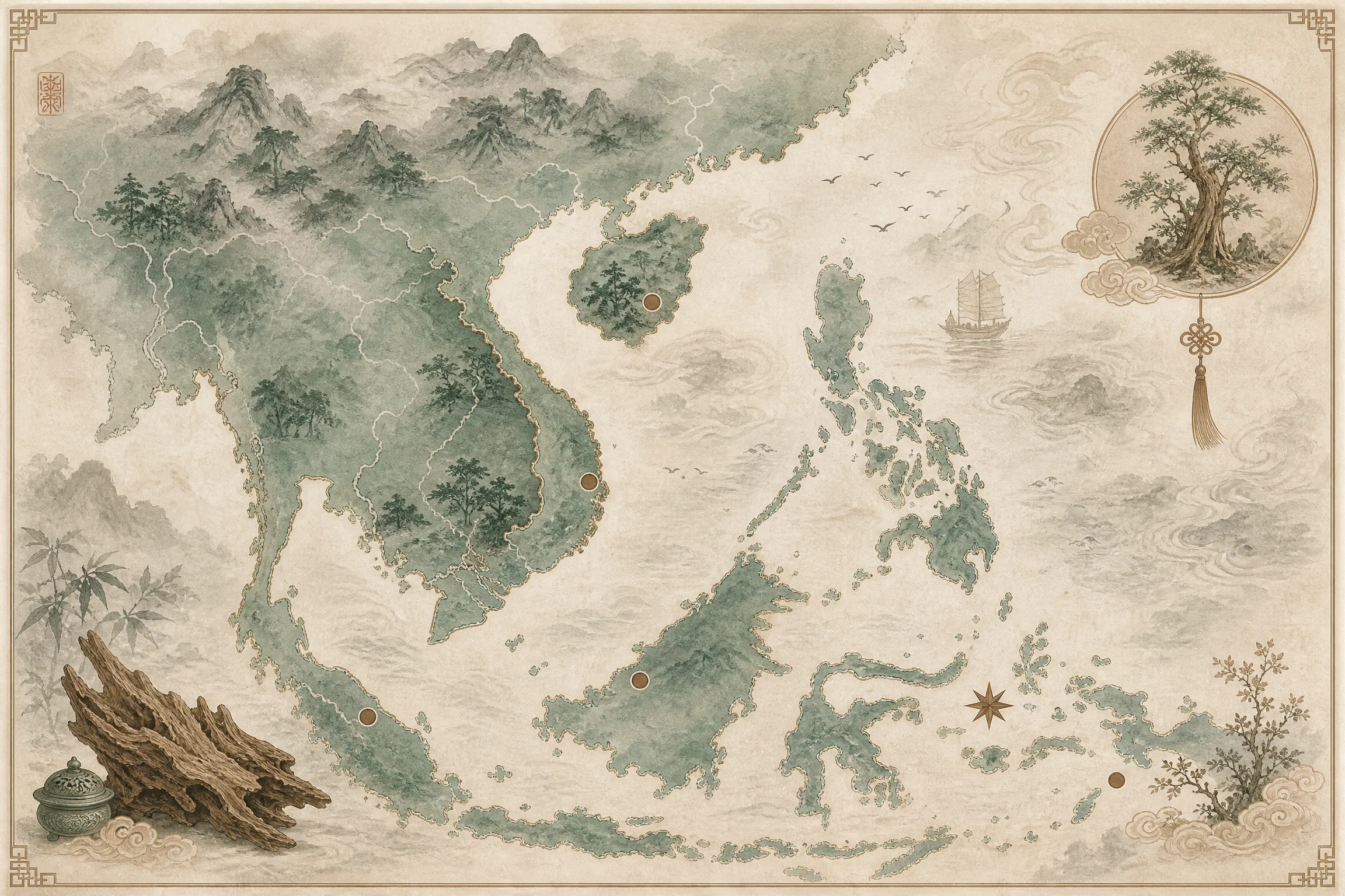 水墨风格的亚洲沉香产区地图，标注海南、芽庄、惠安、星洲等结香产地‍