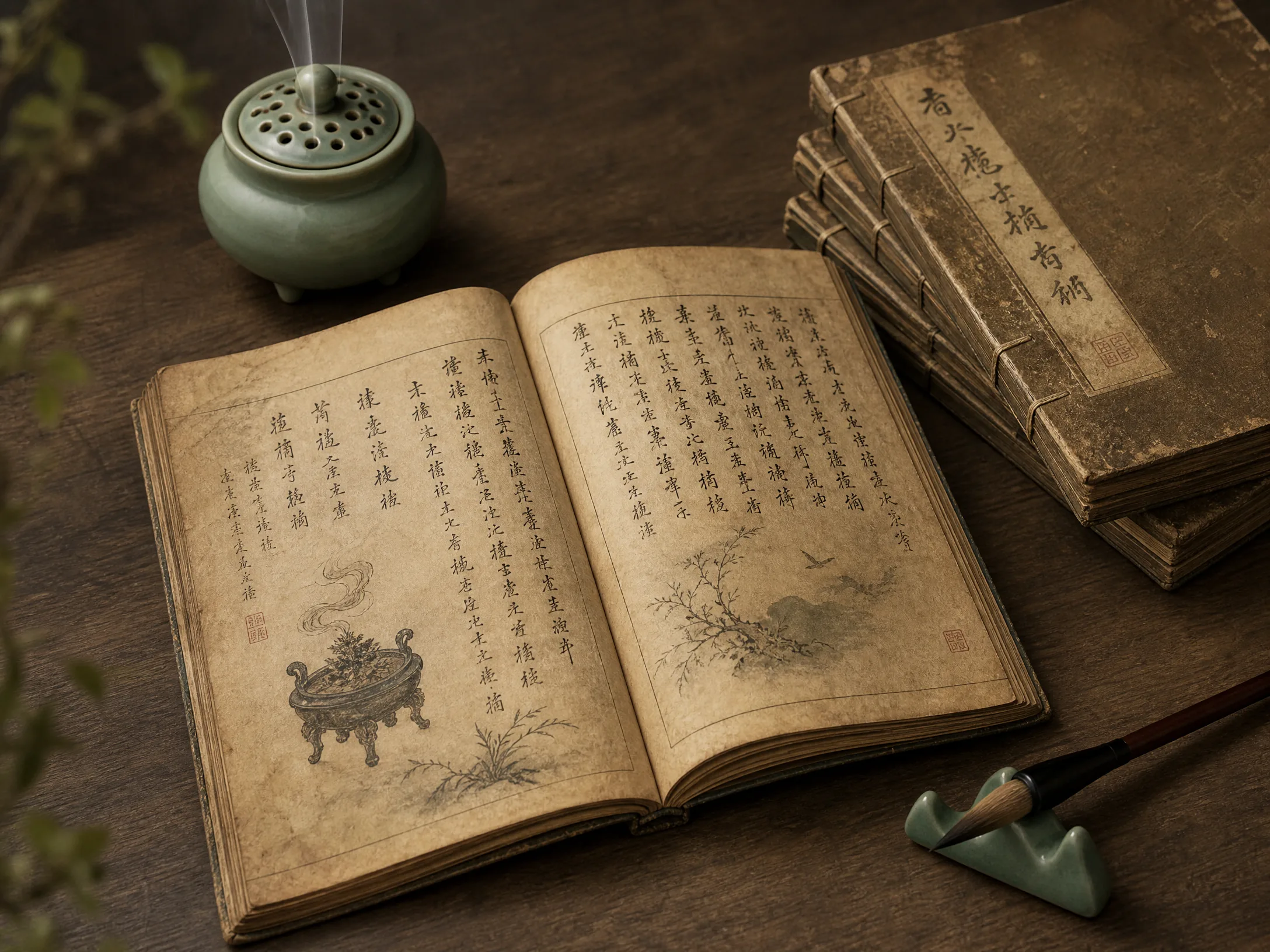 历代香谱古籍，﻿线装书页上竖排手写香方文字