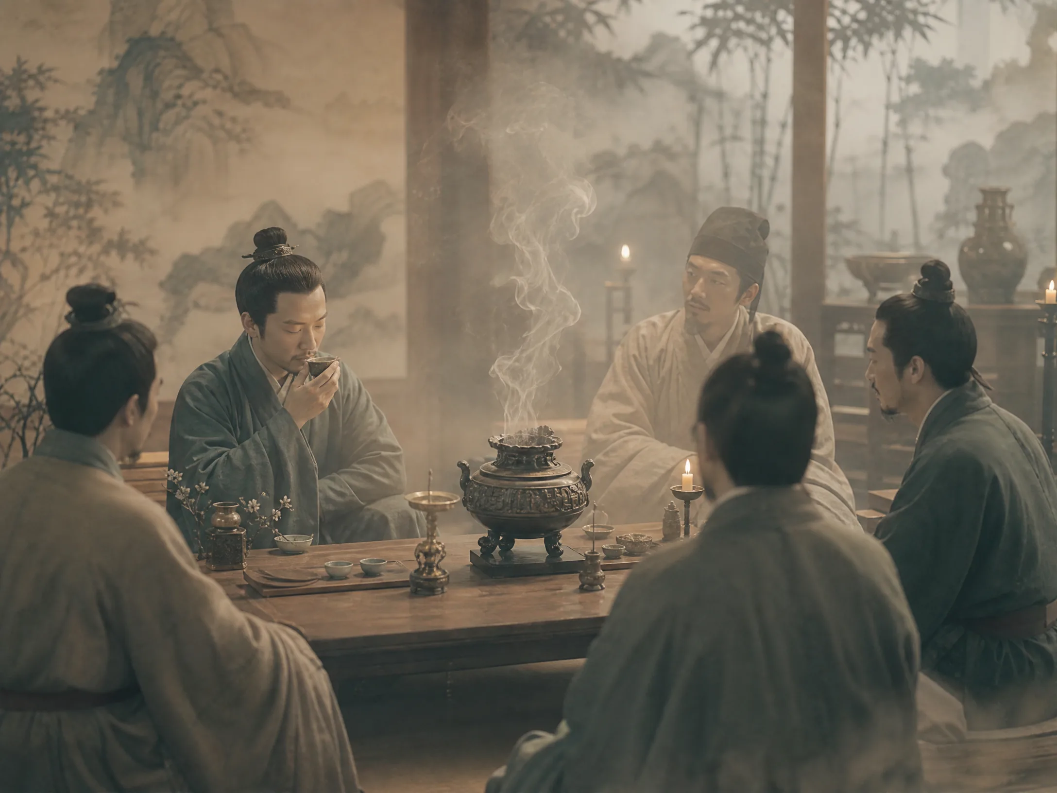 品香雅集现场，众人着﻿宋制衣袍围坐，举香杯细品炉中沉香