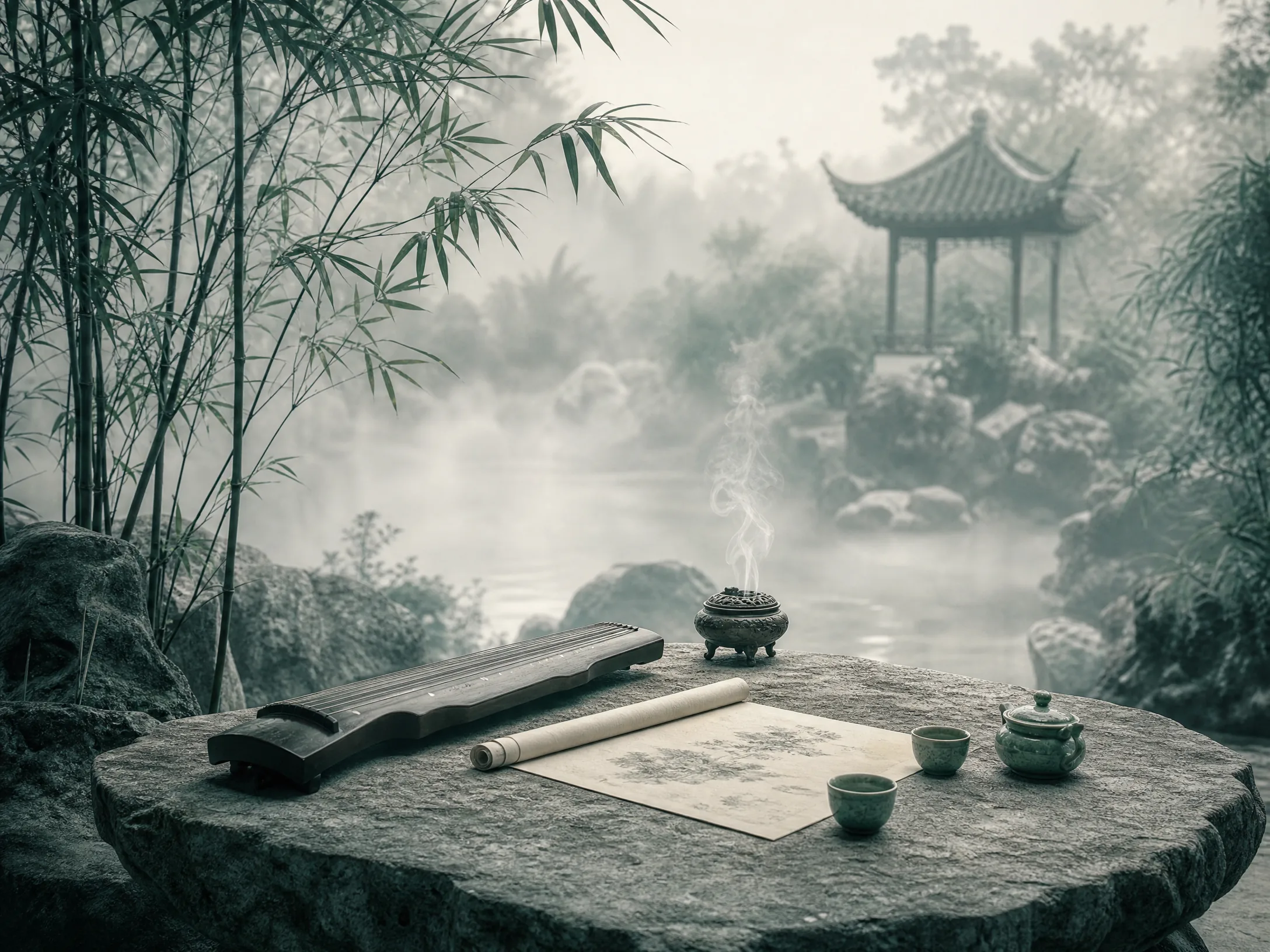 庭院雅集​，石桌上陈设香炉、古琴与茶盏，四周竹影薄雾